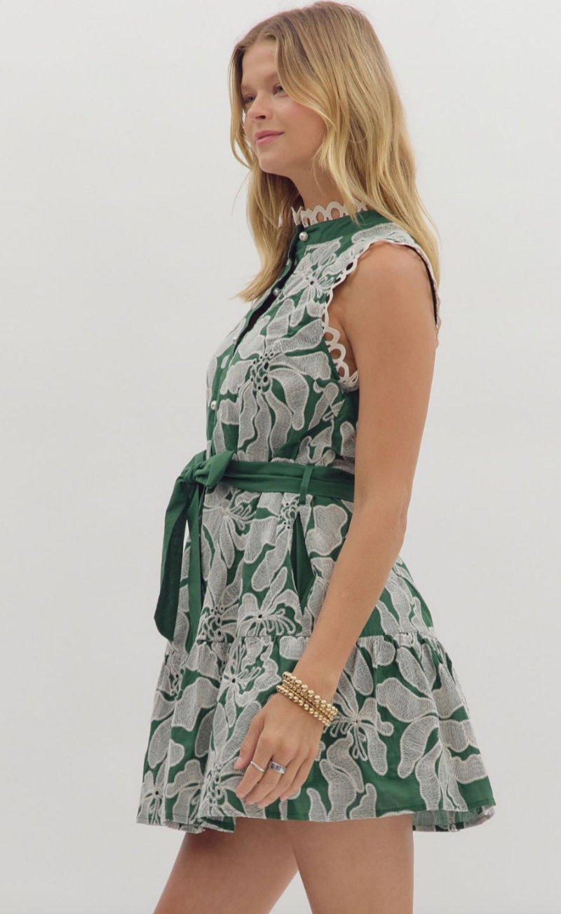 FLORAL EMBROIDERED SLEEVELESS MINI DRESS IN GREEN