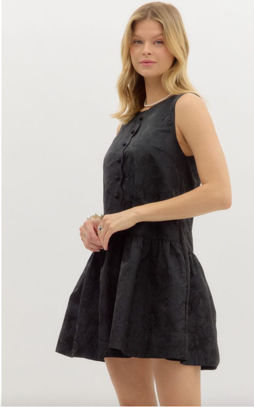 FLORAL JACQUARD SLEEVELESS DRESS IN BLACK