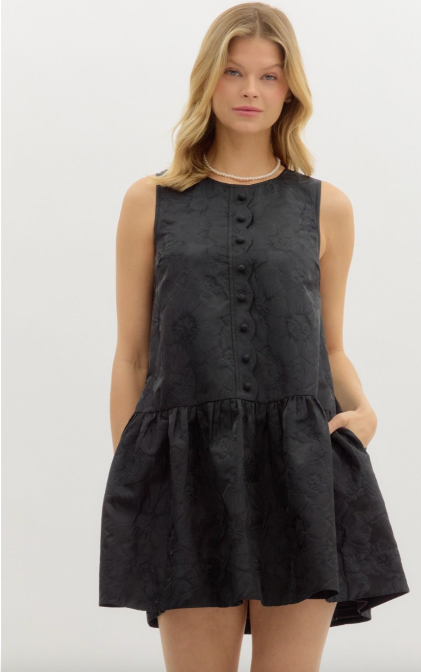 FLORAL JACQUARD SLEEVELESS DRESS IN BLACK