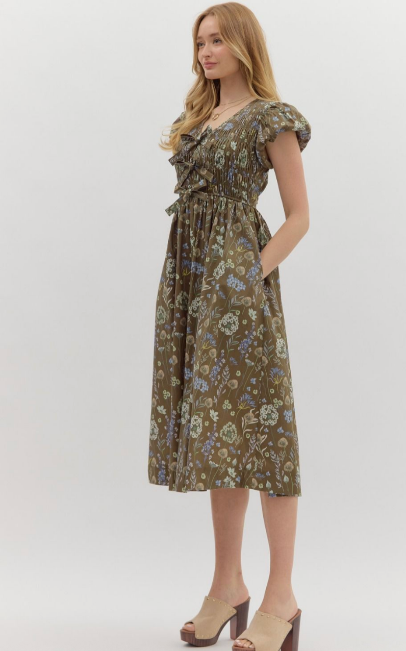 FLORAL MIDI DRESS WITH BOW ACCENTS IN BROWN