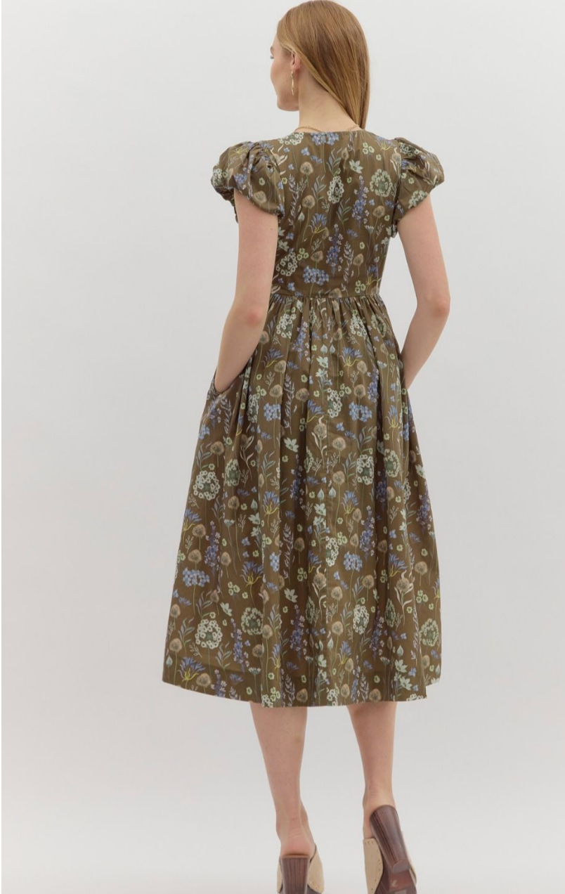 FLORAL MIDI DRESS WITH BOW ACCENTS IN BROWN