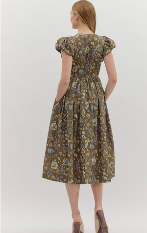 FLORAL MIDI DRESS WITH BOW ACCENTS IN BROWN