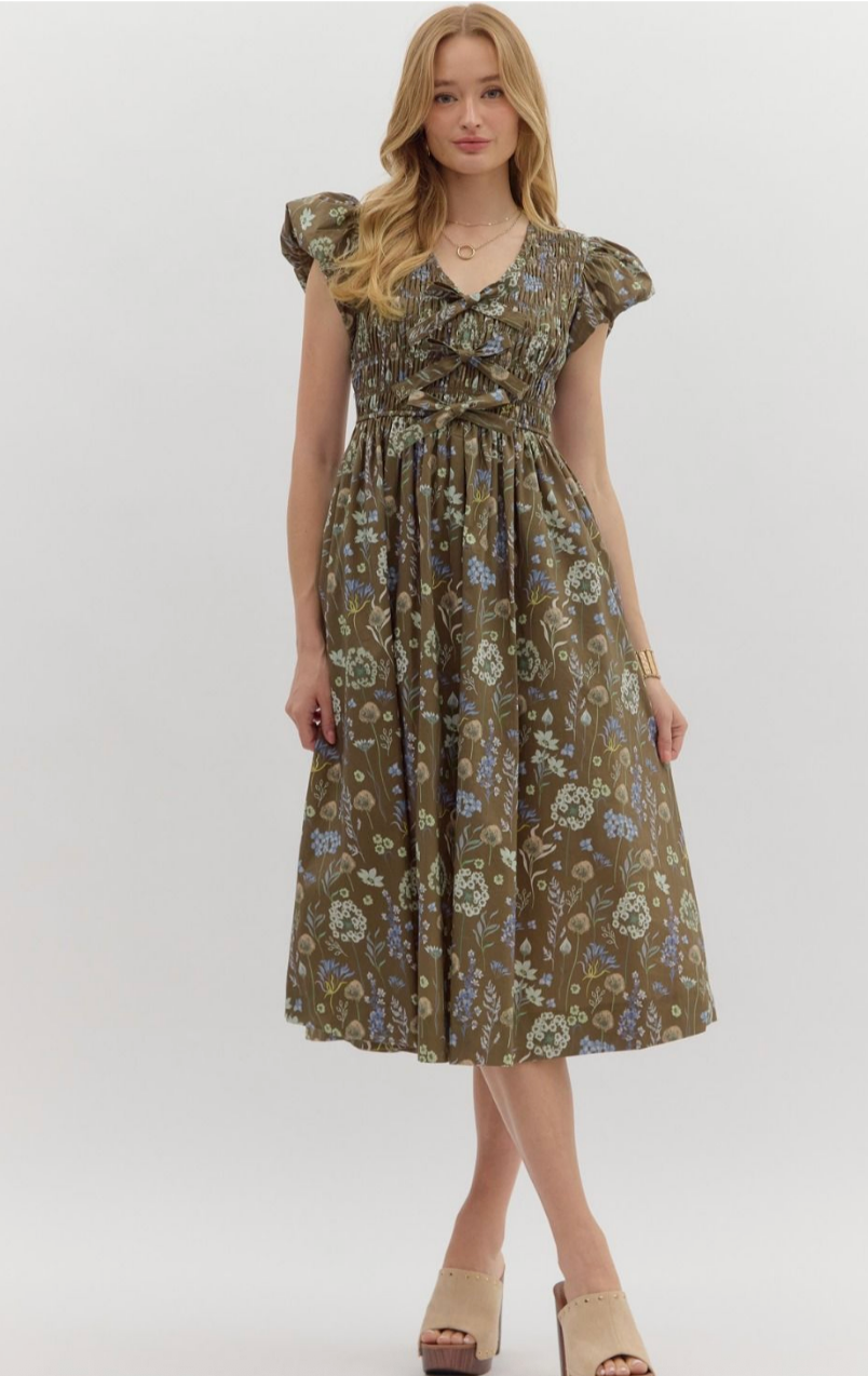 FLORAL MIDI DRESS WITH BOW ACCENTS IN BROWN