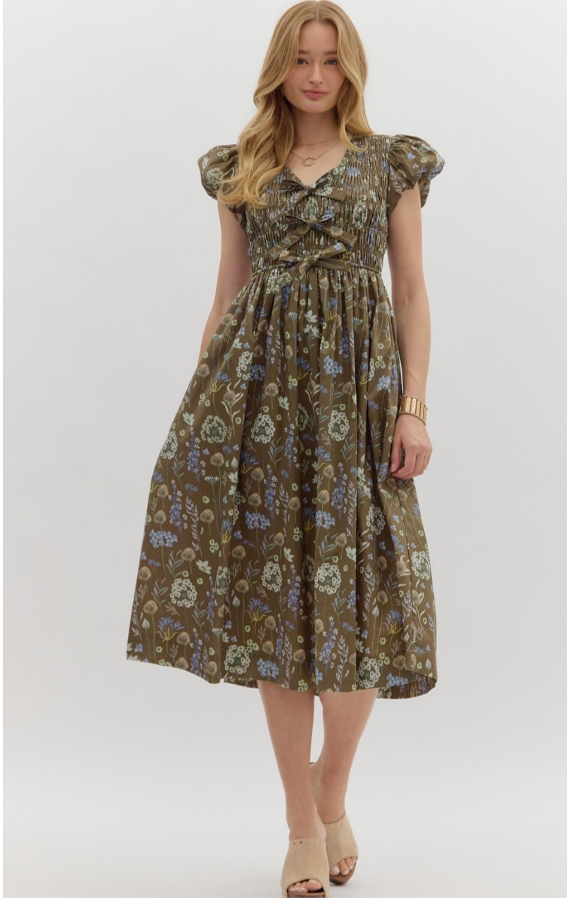 FLORAL MIDI DRESS WITH BOW ACCENTS IN BROWN