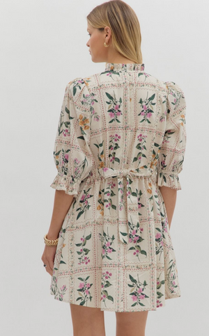 FLORAL PLEATED ROUND NECK MINI DRESS IN ECUR