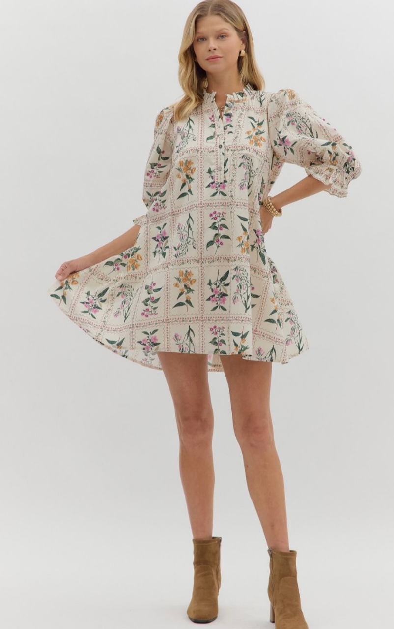 FLORAL PLEATED ROUND NECK MINI DRESS IN ECUR