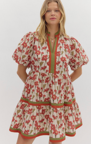 FLORAL PRINT BUBBLE SLEEVE MINI DRESS IN RUST