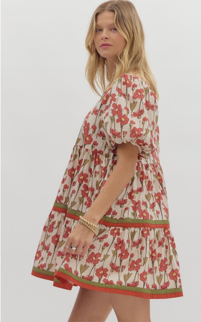 FLORAL PRINT BUBBLE SLEEVE MINI DRESS IN RUST