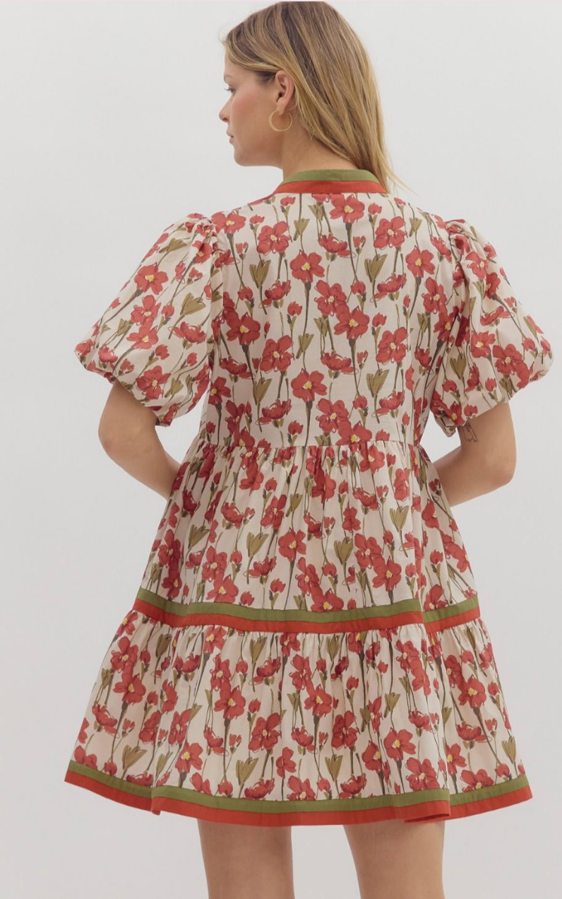 FLORAL PRINT BUBBLE SLEEVE MINI DRESS IN RUST