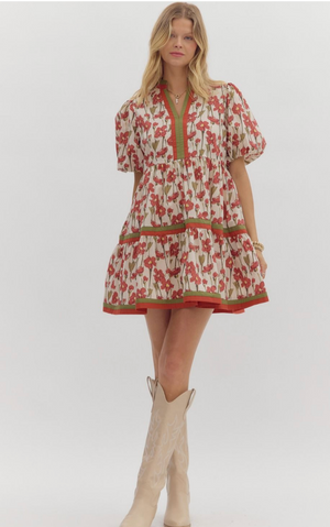 FLORAL PRINT BUBBLE SLEEVE MINI DRESS IN RUST