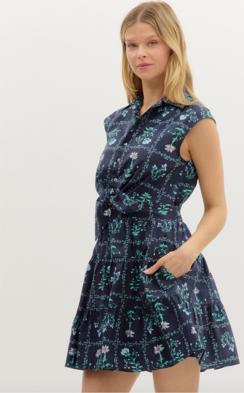 FLORAL PRINT SLEEVELESS COLLARED MINI DRESS IN NAVY