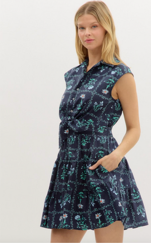 FLORAL PRINT SLEEVELESS COLLARED MINI DRESS IN NAVY
