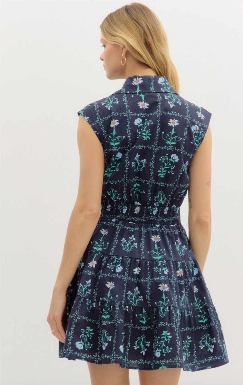 FLORAL PRINT SLEEVELESS COLLARED MINI DRESS IN NAVY