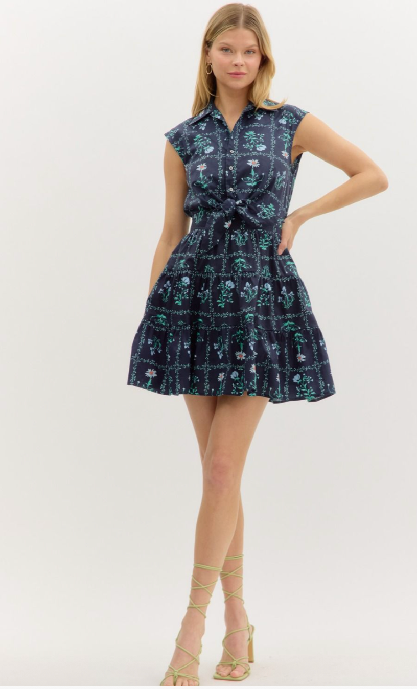 FLORAL PRINT SLEEVELESS COLLARED MINI DRESS IN NAVY