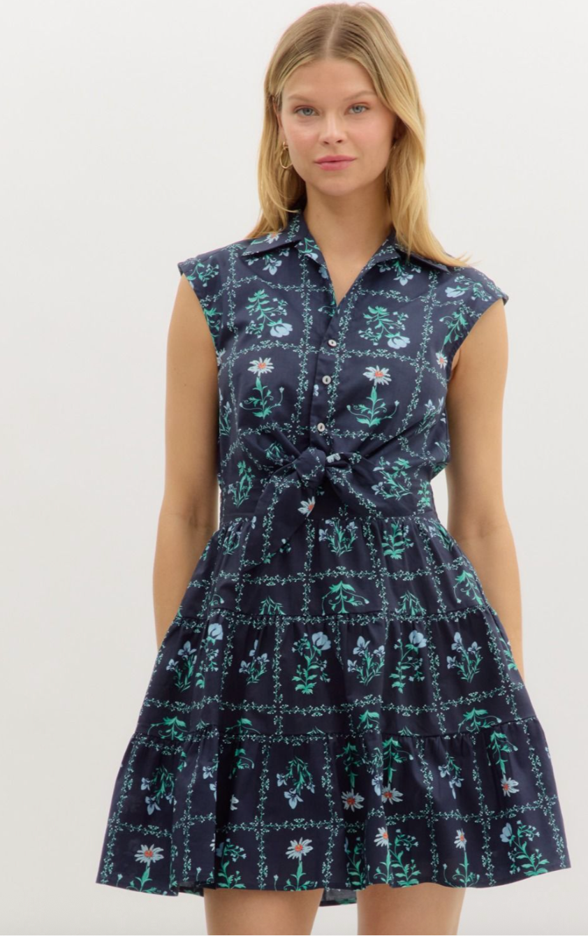 FLORAL PRINT SLEEVELESS COLLARED MINI DRESS IN NAVY