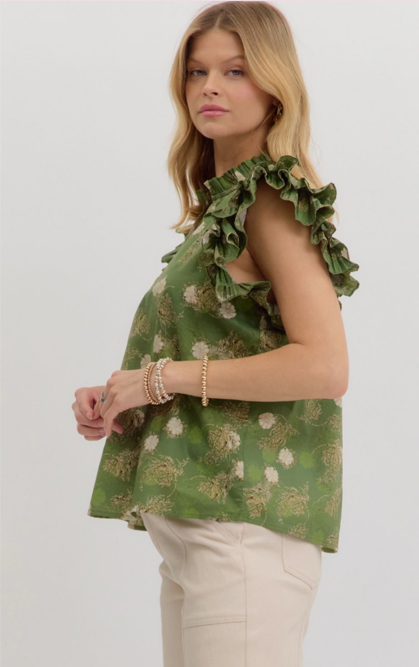 FLORAL RUFFLE TOP IN OLIVE: PLUS SIZE