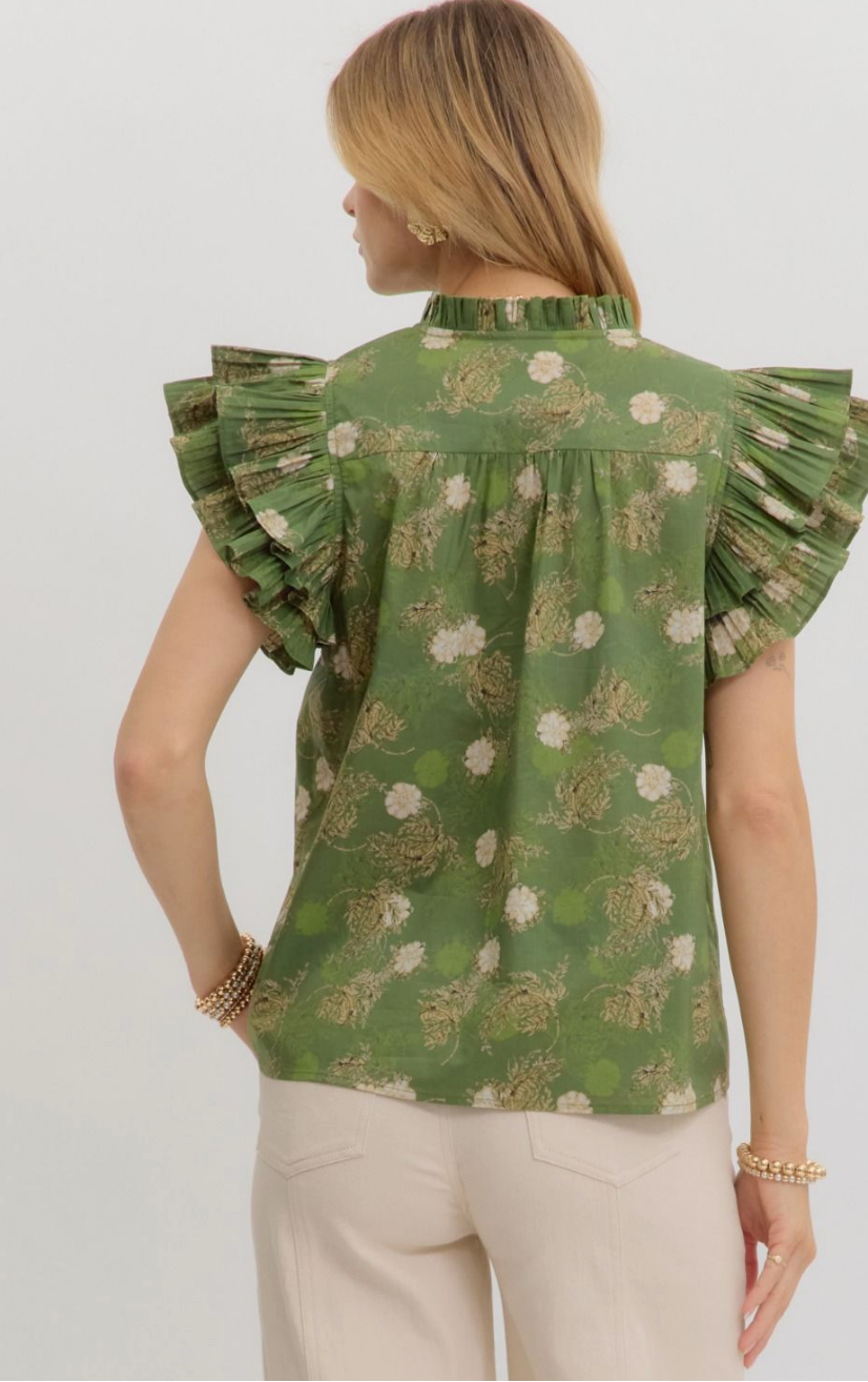 FLORAL RUFFLE TOP IN OLIVE: PLUS SIZE