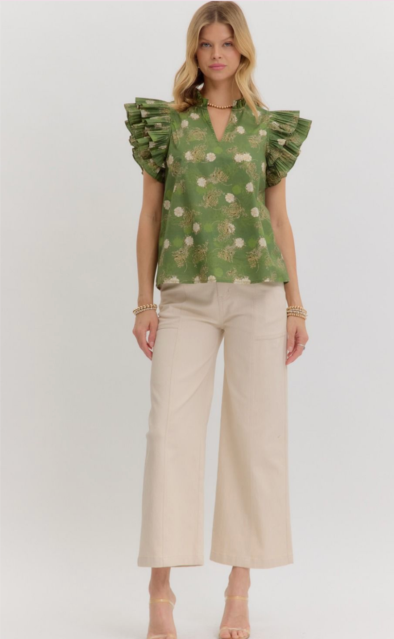 FLORAL RUFFLE TOP IN OLIVE: PLUS SIZE