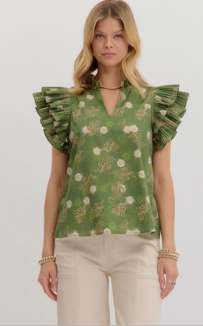 FLORAL RUFFLE TOP IN OLIVE: PLUS SIZE