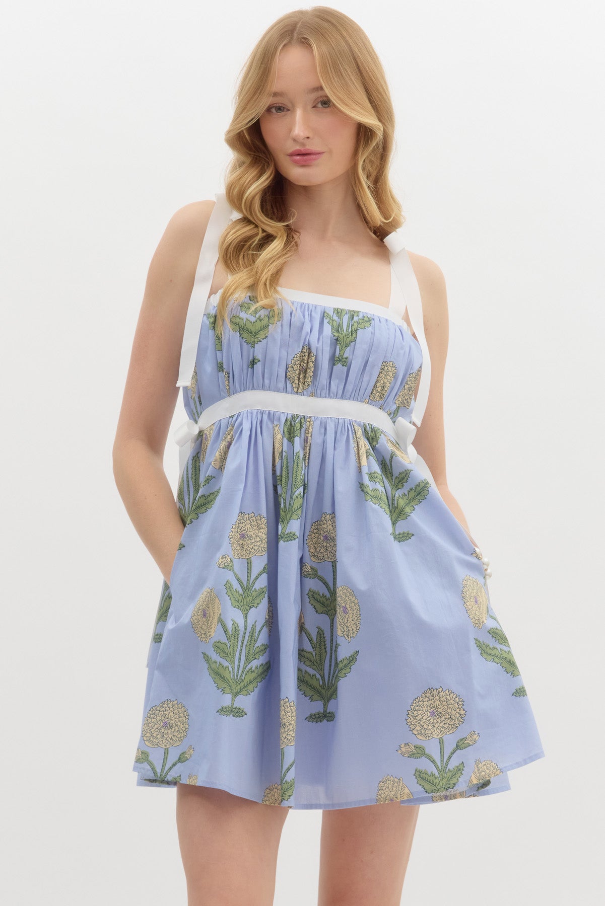 FLORAL SMOCKED BABYDOLL SUNDRESS IN BLUE