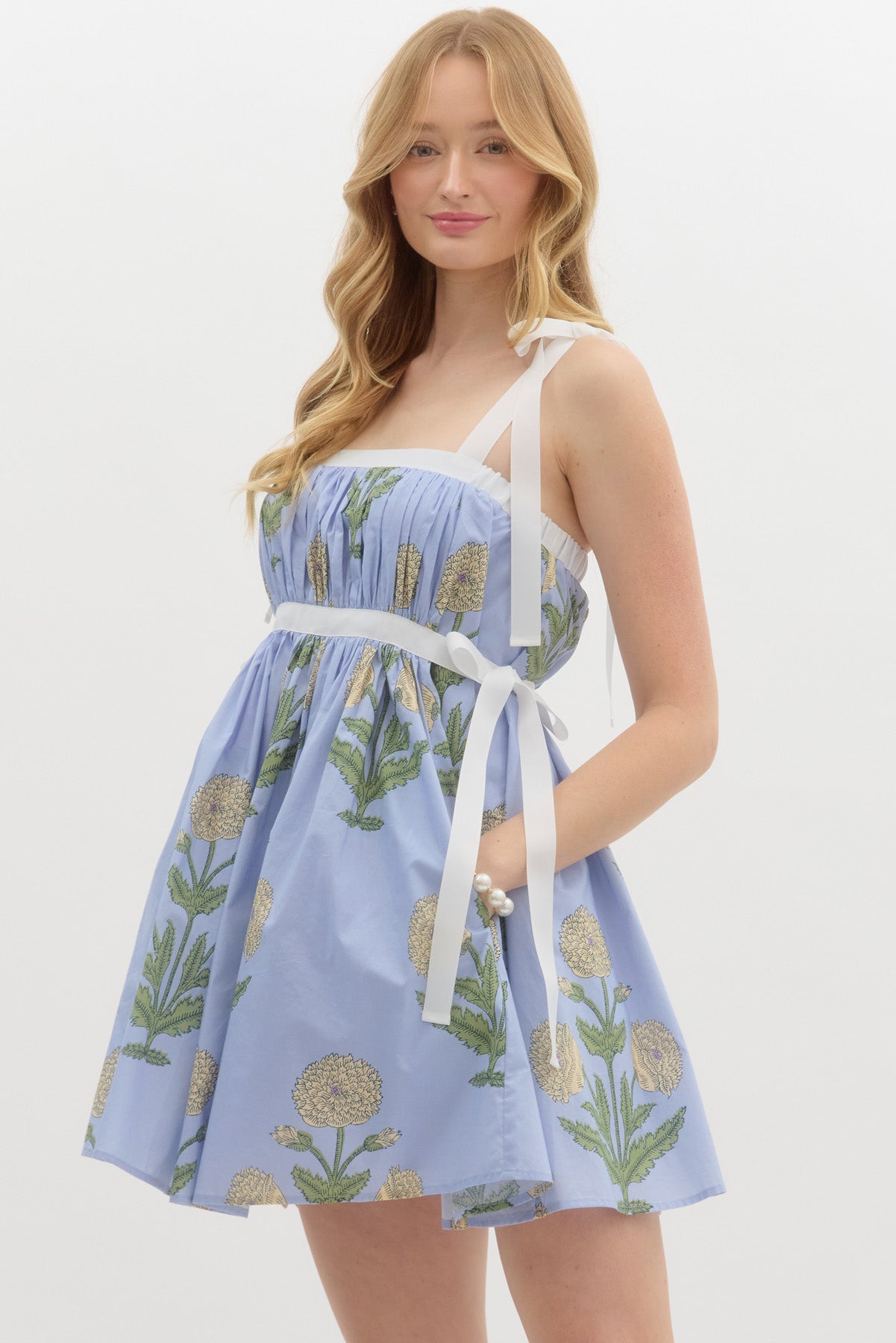 FLORAL SMOCKED BABYDOLL SUNDRESS IN BLUE