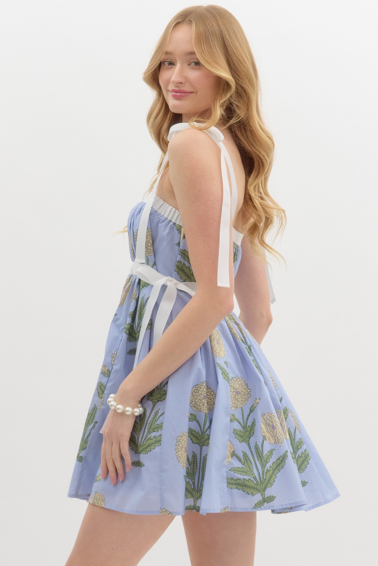 FLORAL SMOCKED BABYDOLL SUNDRESS IN BLUE