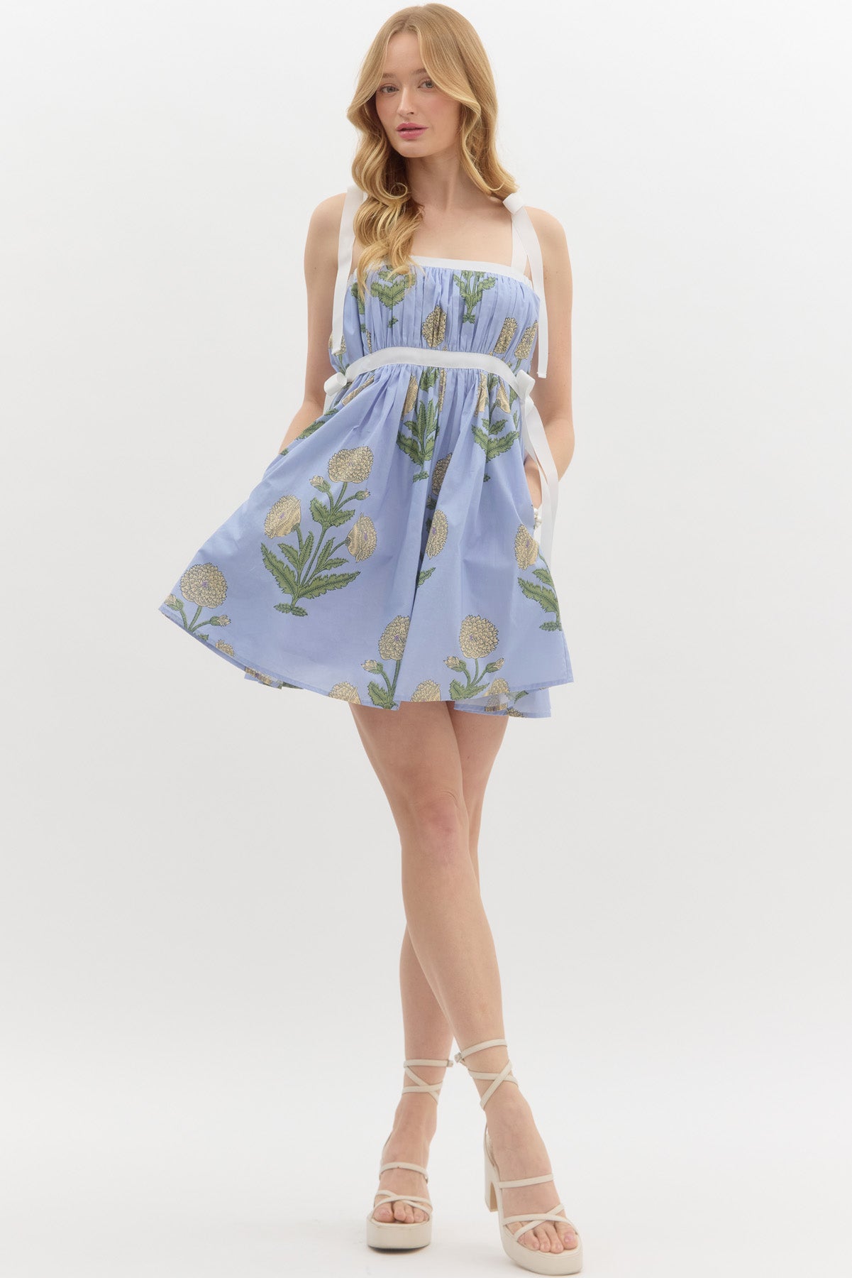 FLORAL SMOCKED BABYDOLL SUNDRESS IN BLUE