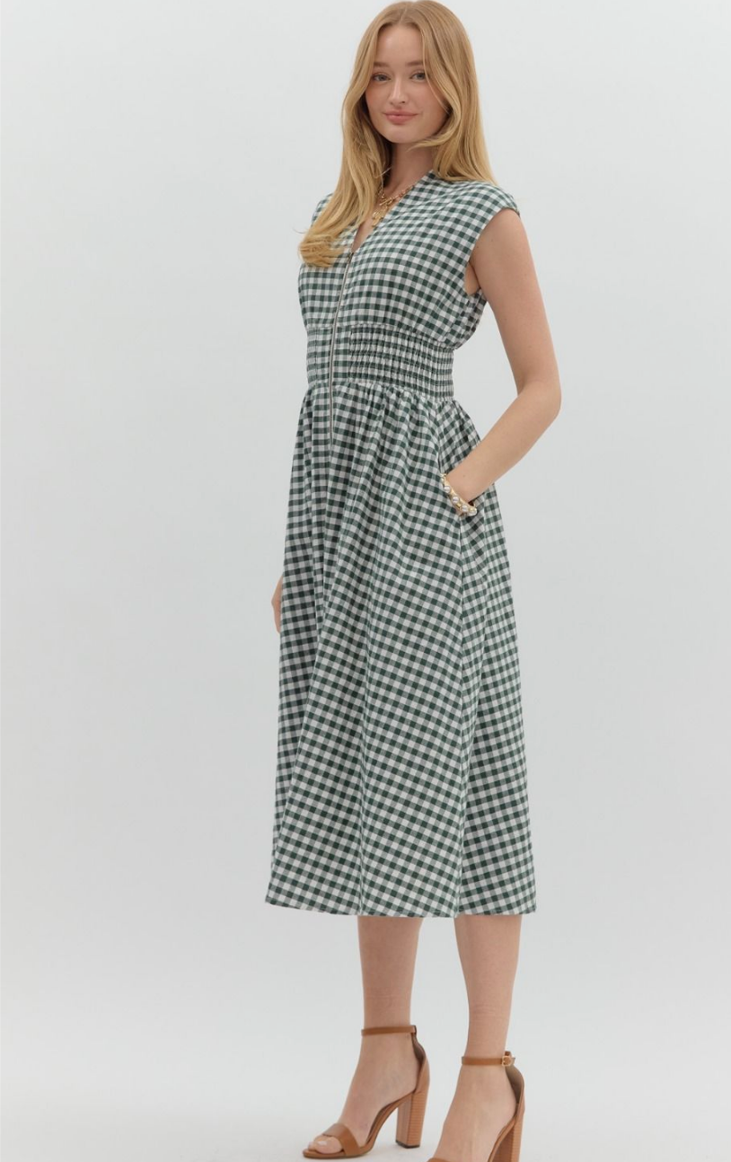 GINGHAM SLEEVELESS MIDI DRESS IN GREEN