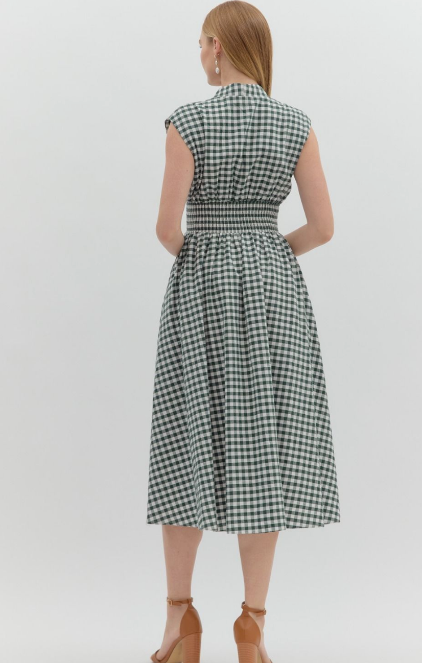 GINGHAM SLEEVELESS MIDI DRESS IN GREEN