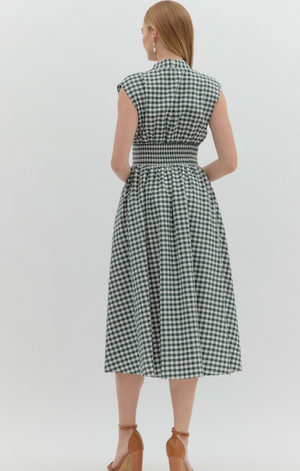 GINGHAM SLEEVELESS MIDI DRESS IN GREEN