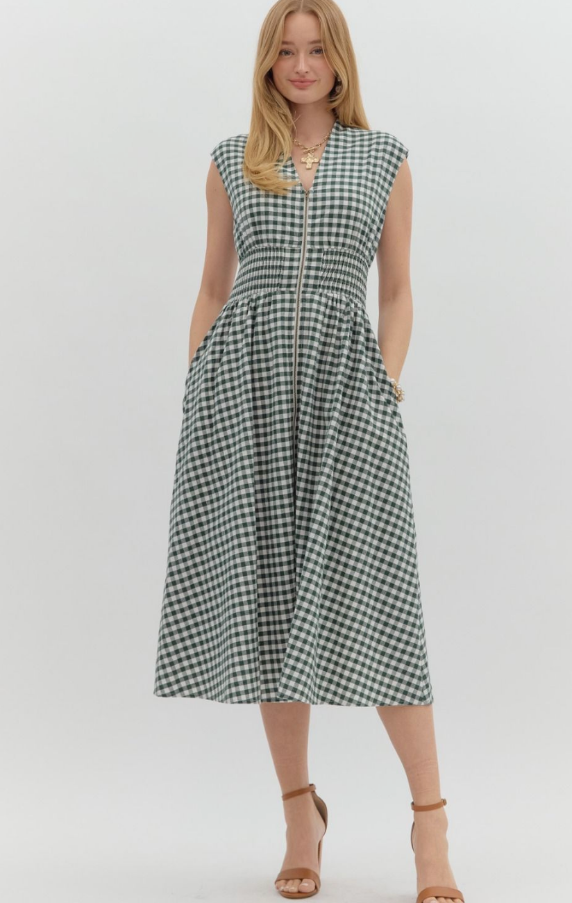GINGHAM SLEEVELESS MIDI DRESS IN GREEN