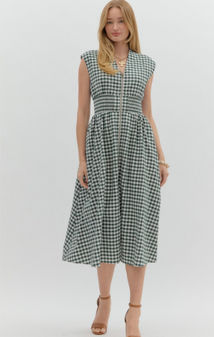GINGHAM SLEEVELESS MIDI DRESS IN GREEN
