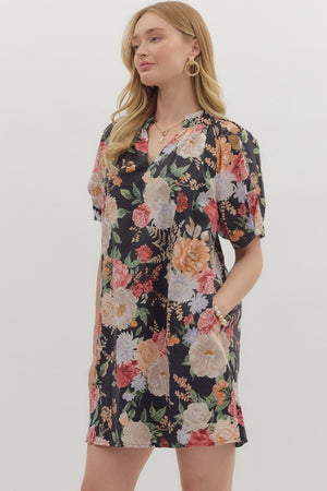JULIETTE FLORAL SHIFT DRESS IN BLACK
