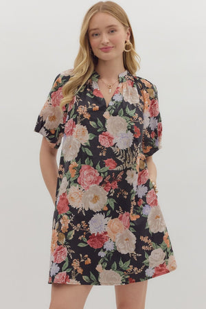JULIETTE FLORAL SHIFT DRESS IN BLACK
