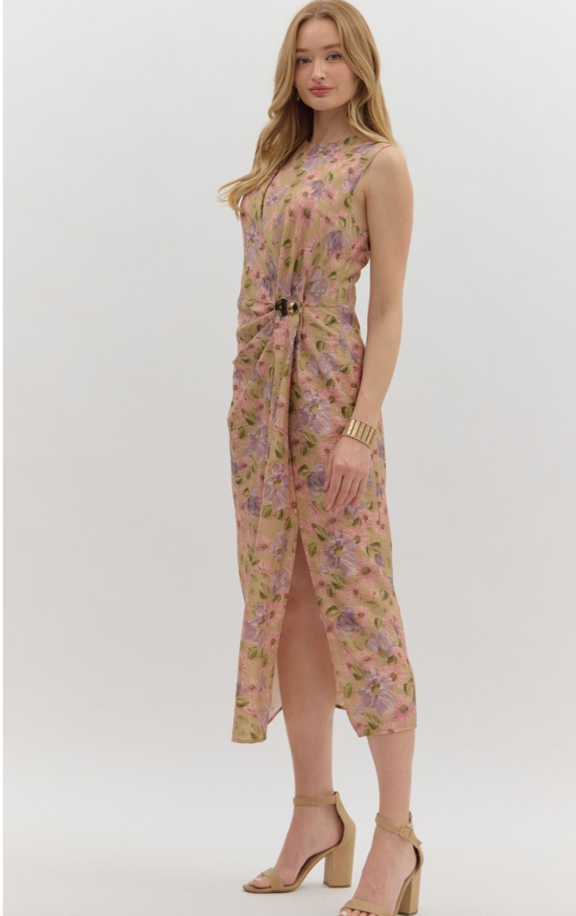 MIDI FLORAL SLEEVELESS DRESS IN CAMEL