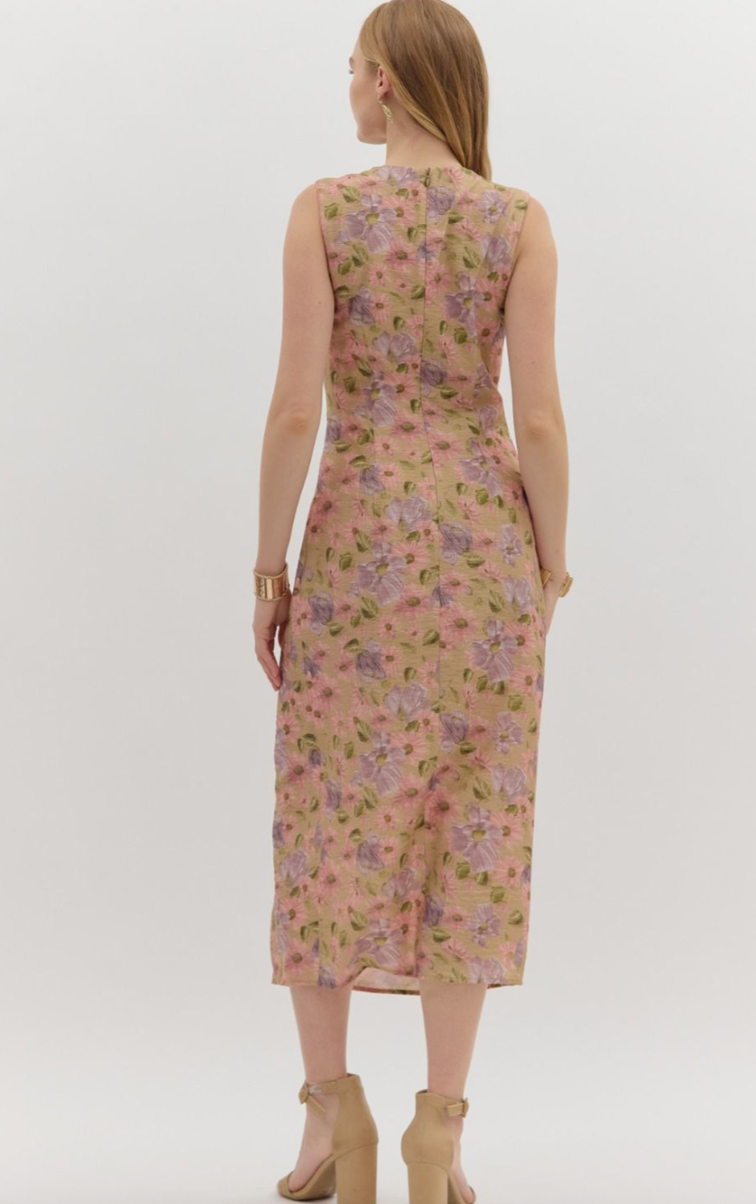 MIDI FLORAL SLEEVELESS DRESS IN CAMEL