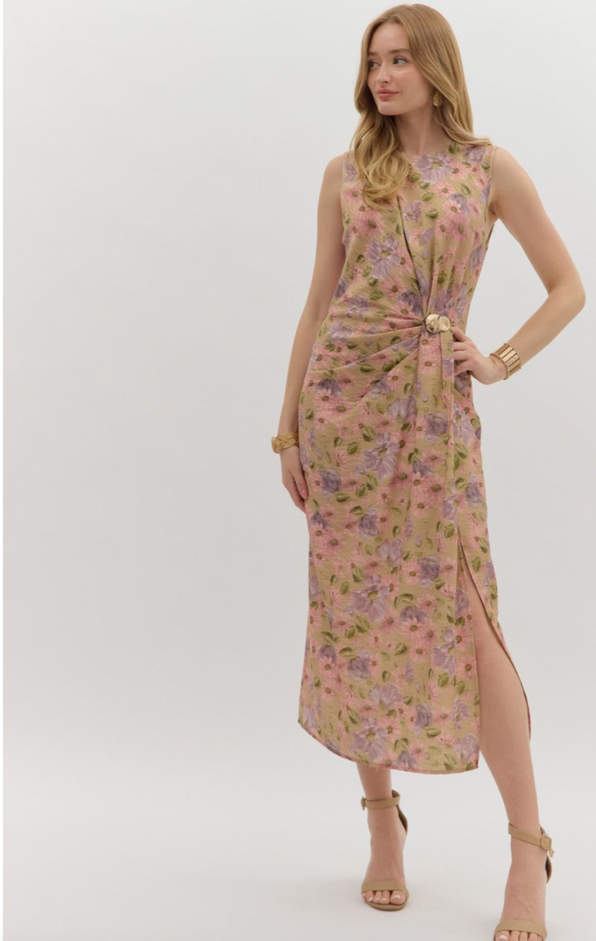 MIDI FLORAL SLEEVELESS DRESS IN CAMEL