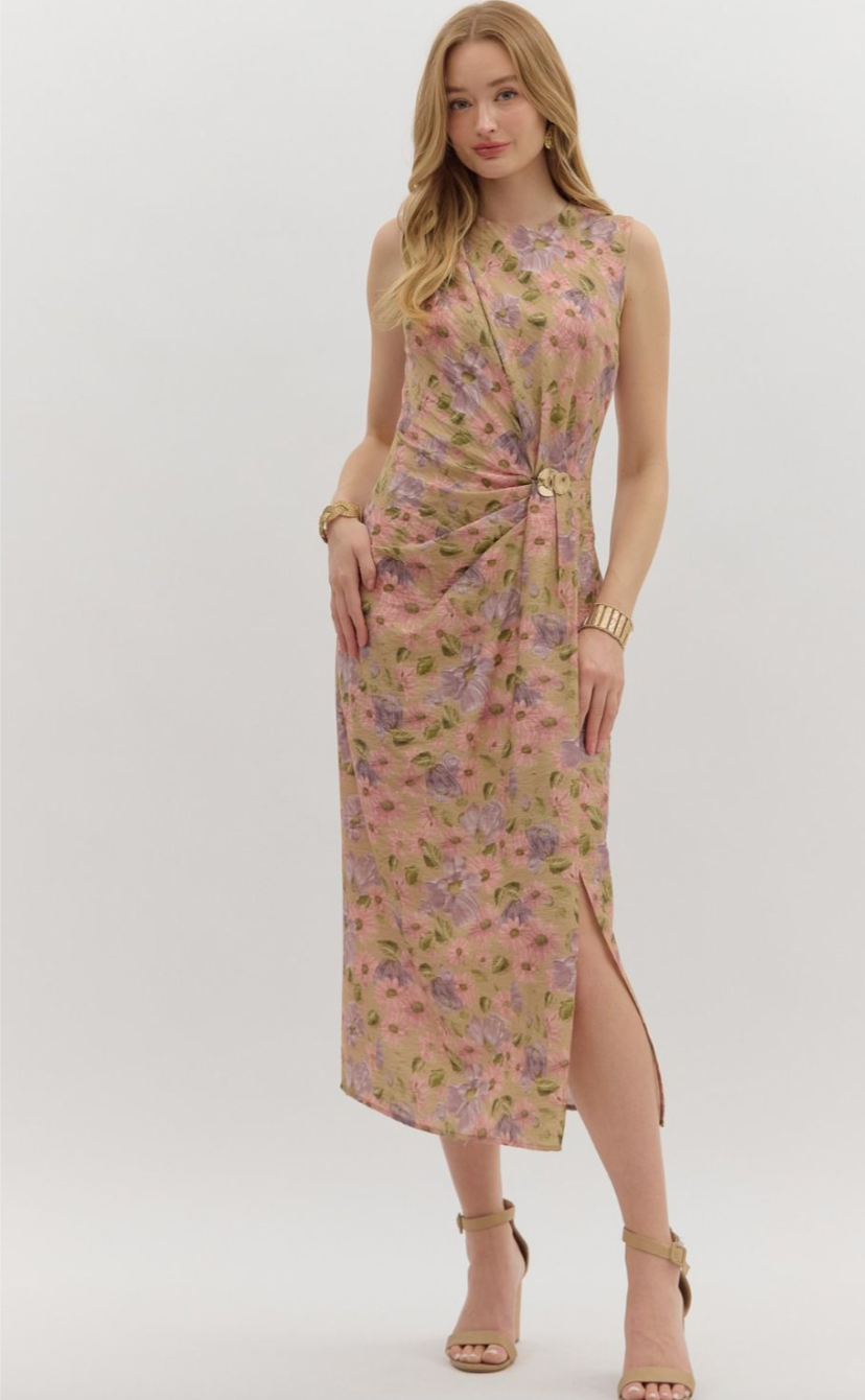 MIDI FLORAL SLEEVELESS DRESS IN CAMEL