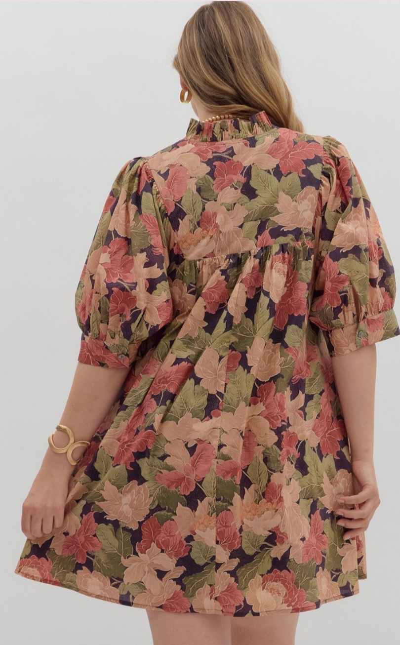 PLEATED NECKLINE MINI DRESS IN BROWN FLORAL