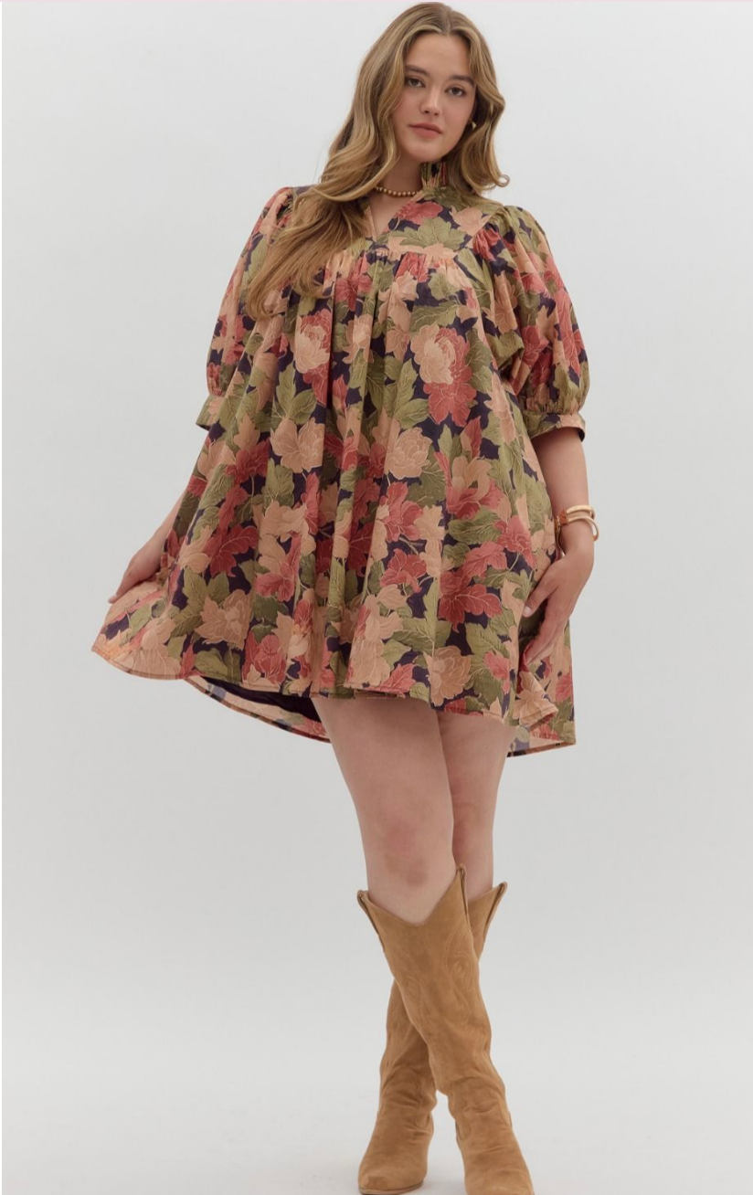 PLEATED NECKLINE MINI DRESS IN BROWN FLORAL