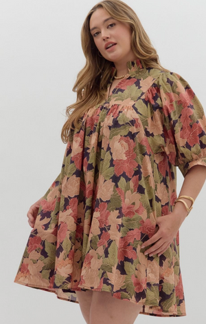 PLEATED NECKLINE MINI DRESS IN BROWN FLORAL