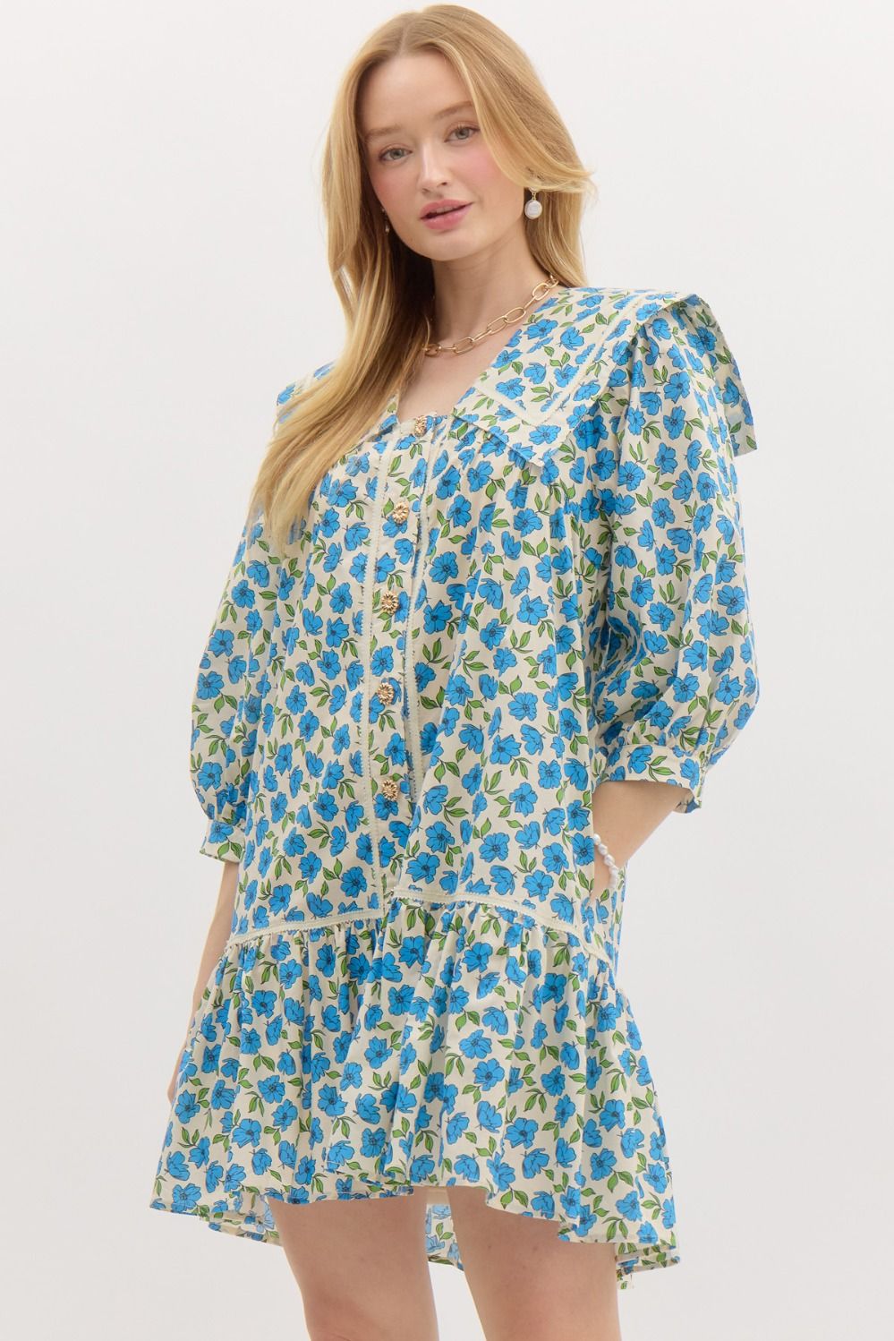 POPPY DROP WAIST DRESS IN BLUE FLORAL