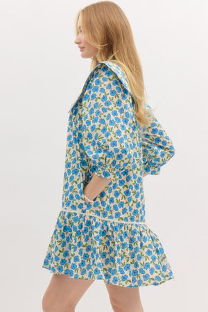 POPPY DROP WAIST DRESS IN BLUE FLORAL