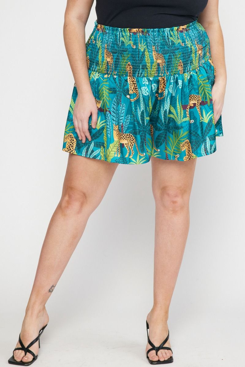 CHEETAH SATIN TROPICAL SMOCKED SHORTS IN GREEN PLUS SIZE