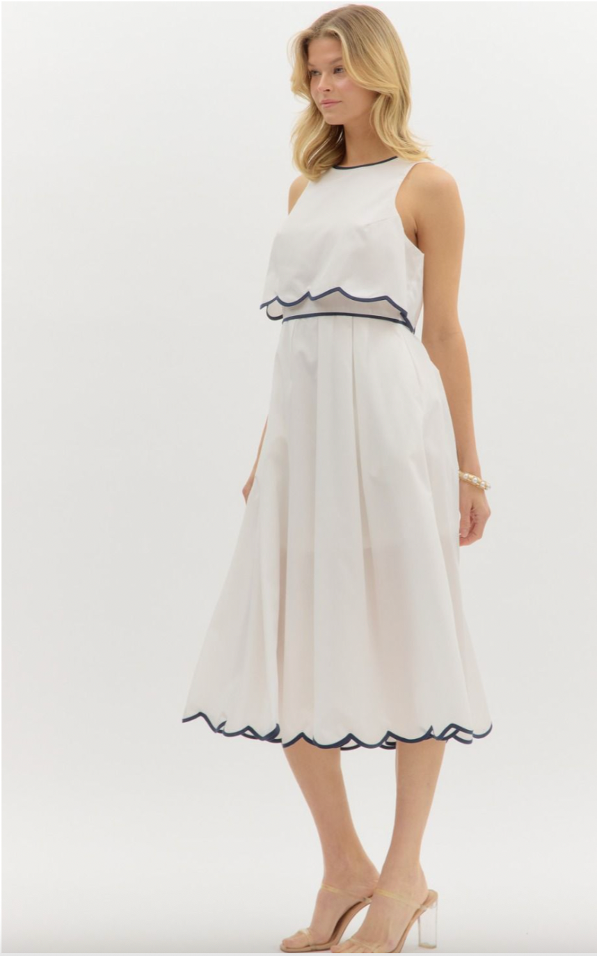 SCALLOPED MIDI DRESS IN OFF WHITE