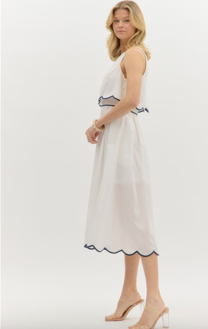 SCALLOPED MIDI DRESS IN OFF WHITE