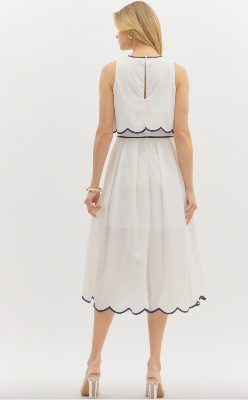 SCALLOPED MIDI DRESS IN OFF WHITE