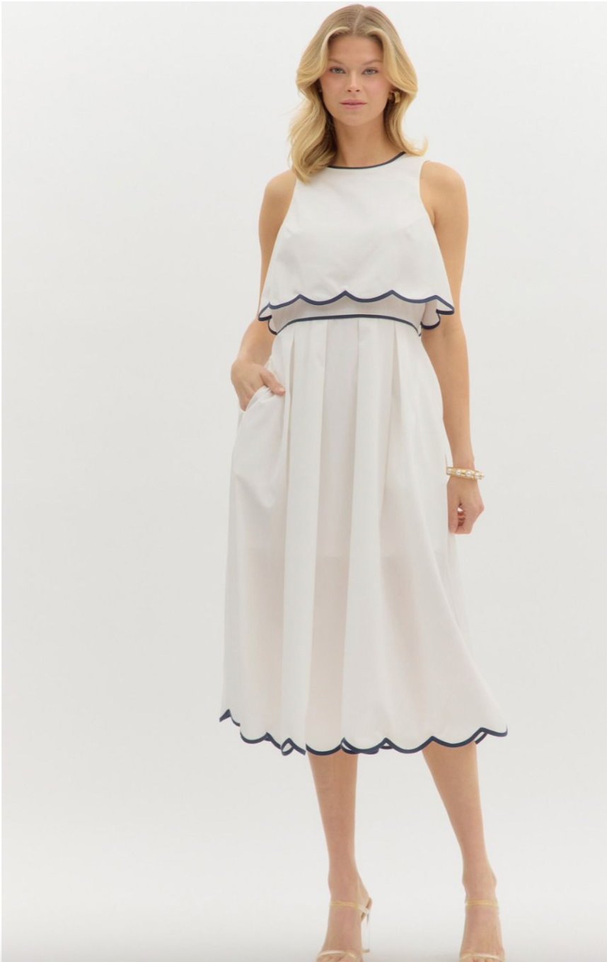 SCALLOPED MIDI DRESS IN OFF WHITE