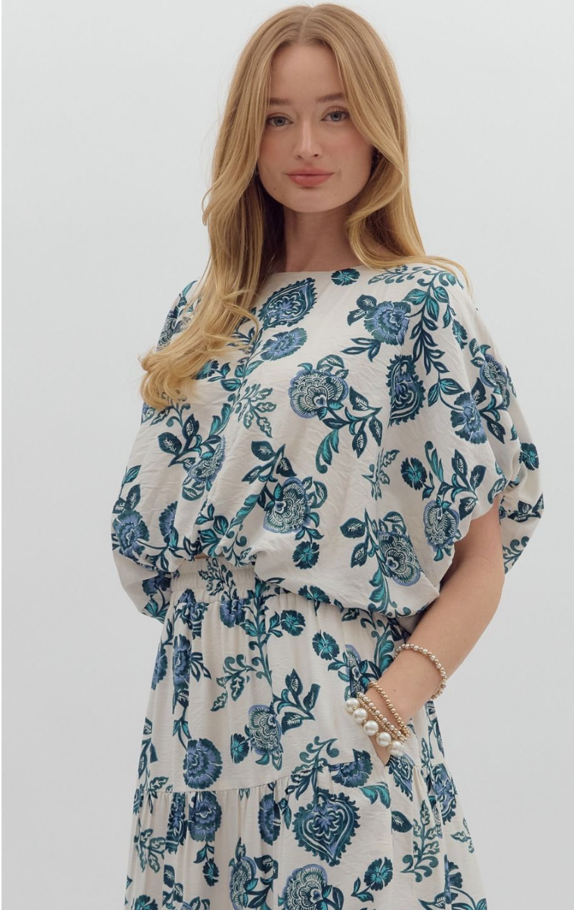 TEAL FLORAL PRINT TOP AND BUBBLE SKIRT SET