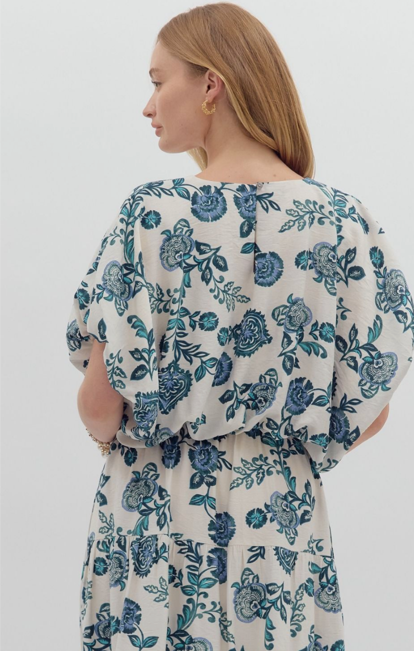 TEAL FLORAL PRINT TOP AND BUBBLE SKIRT SET